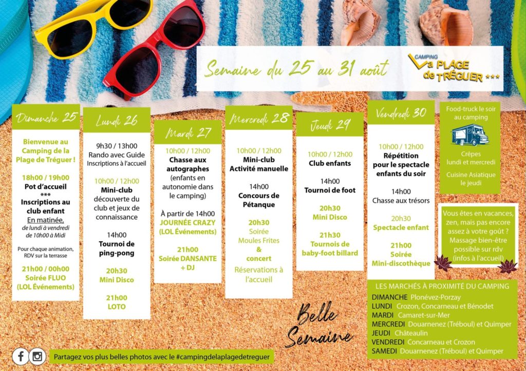 Programme of activities at Tréguer Bretagne campsite